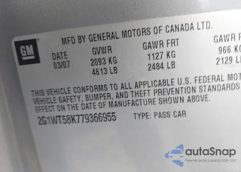 2007 Chevrolet Impala Lt z USA, uszkodzony, nr VIN 2G1WT58K779366955